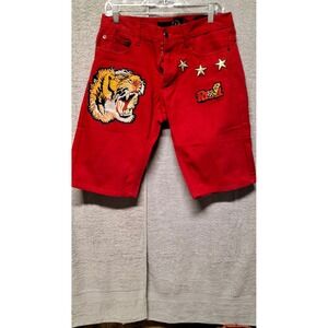 Red Denim Tiger Patch Shorts Mens 34 Gold Stars Graphic Streetwear Embroidered